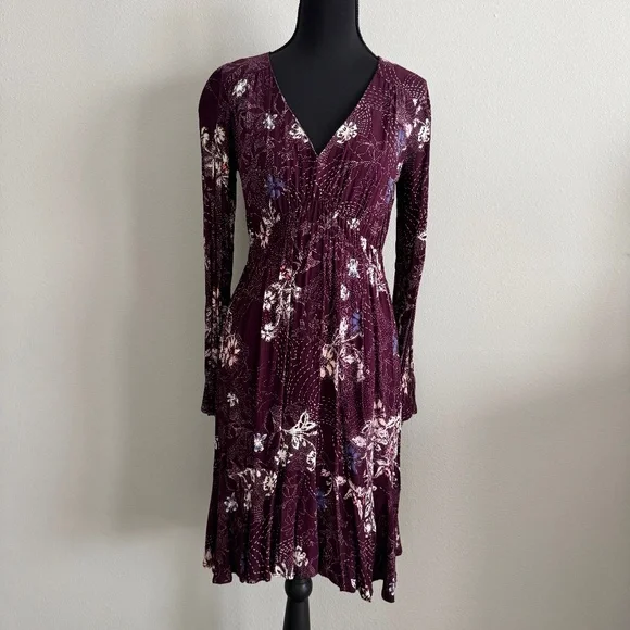 Anthropologie Maeve Merlot Floral Long Sleeve Monaco Dress Size XS - Picture 5 of 9